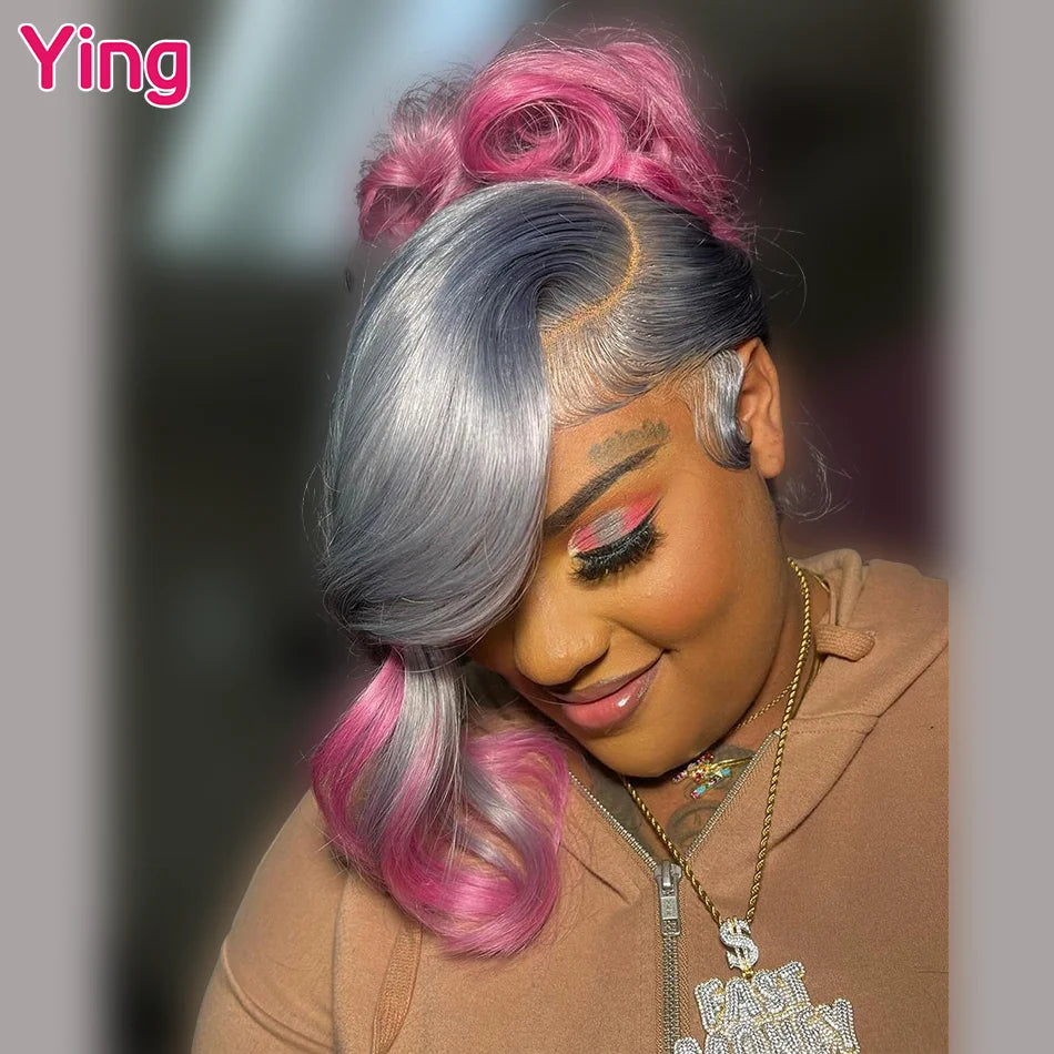 Lace Front PrePlucked Silver Gray Root Pink Body Wave Human Remy Hair Wig