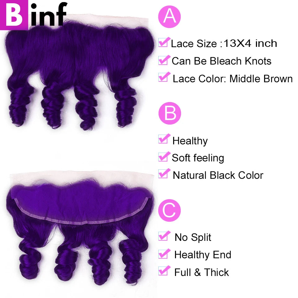 Lace Frontal Preplucked Purple Loose Wave Remy Bundles with Closure