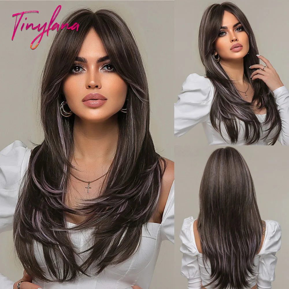 Synthetic Heat Resistant Long Straight with Bangs Ombre Layered Wig
