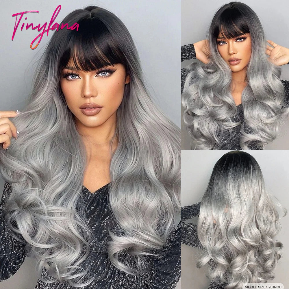Synthetic Heat Resistant Curly Ombre Long Wavy Wigs with Bangs