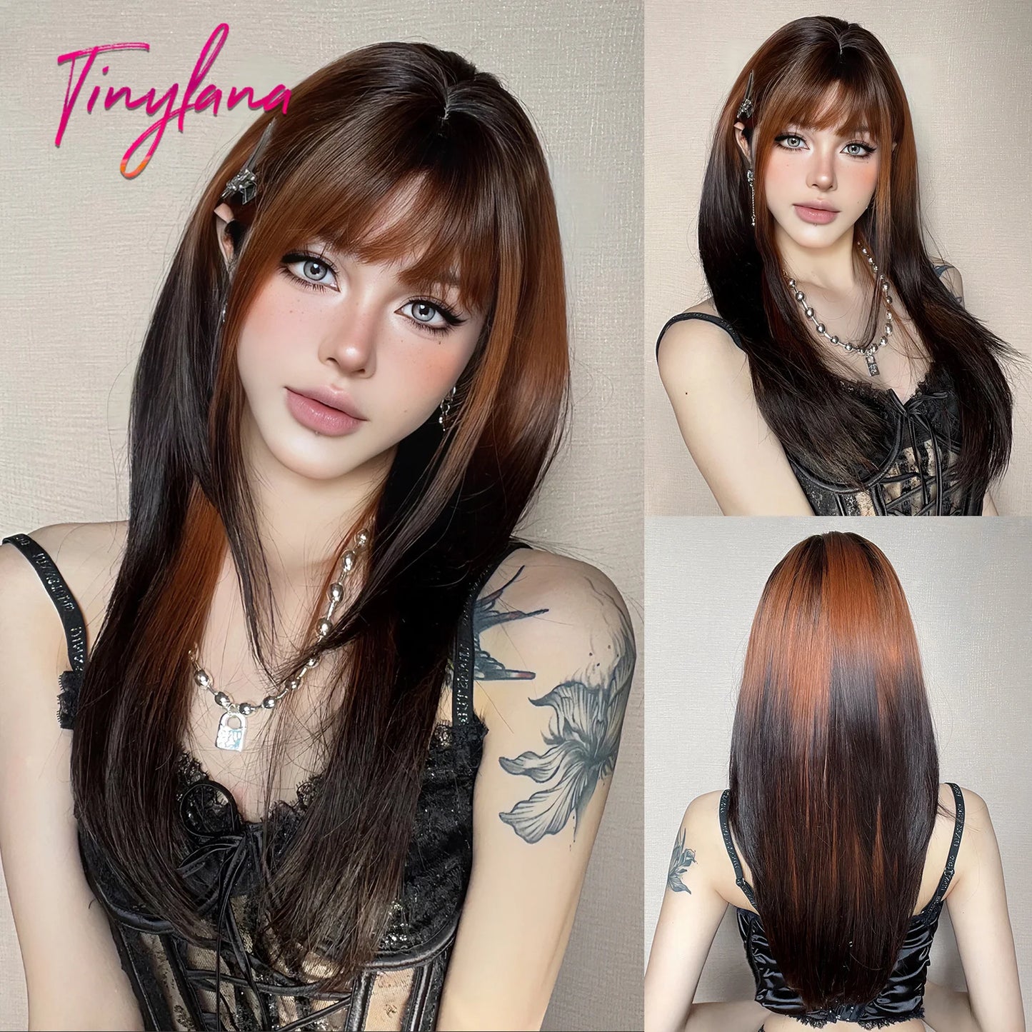 Synthetic Heat Resistant Long Straight with Bangs Ombre Layered Wig