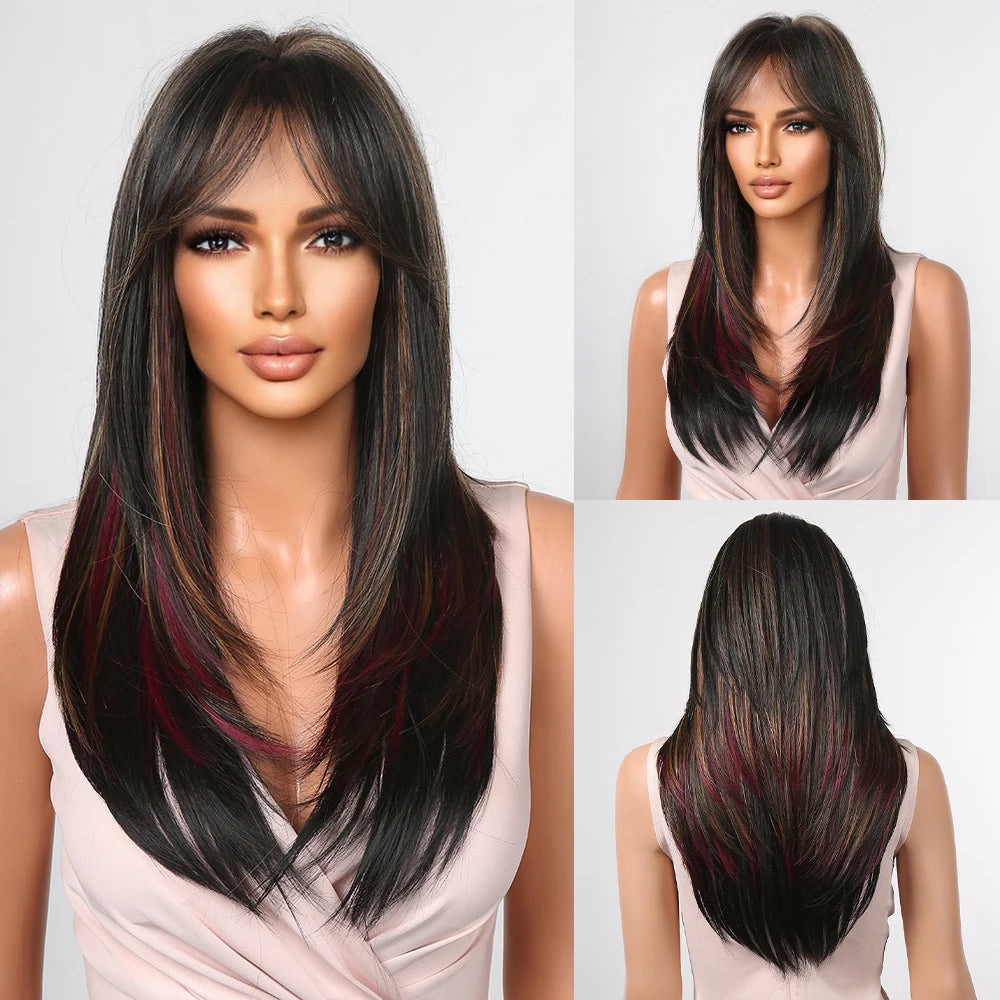Synthetic Heat Resistant Ombre Long Straight Layered with Bangs Wigs