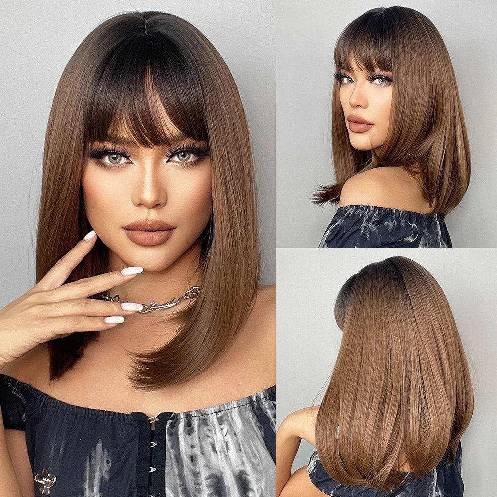 Synthetic Heat Resistant Ombre Long Straight Layered with Bangs Wigs