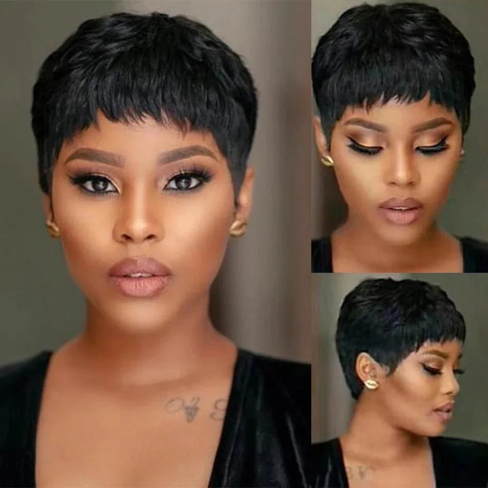 Pixie Cut Short Bob Brazilian Virgin Human Hair With Bangs Wig
