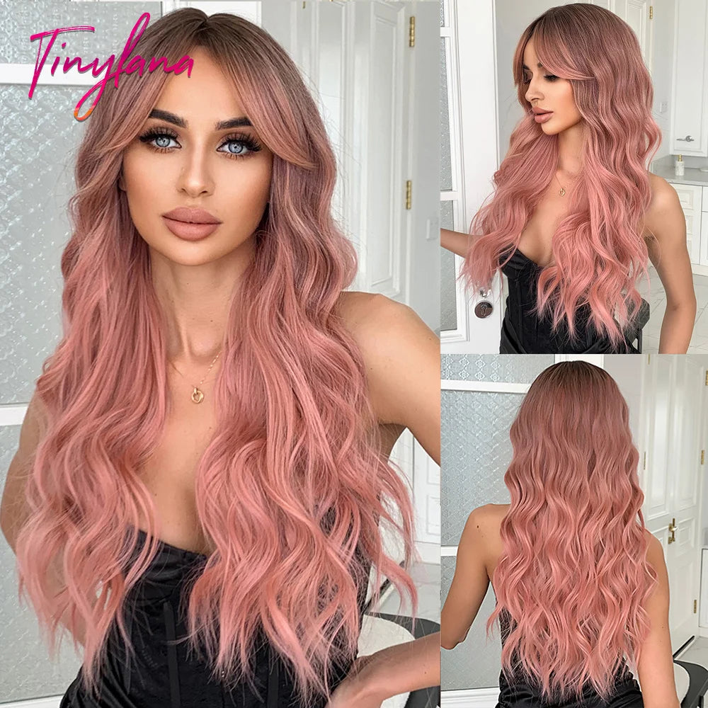 Synthetic Heat Resistant Curly Ombre Long Wavy Wigs with Bangs