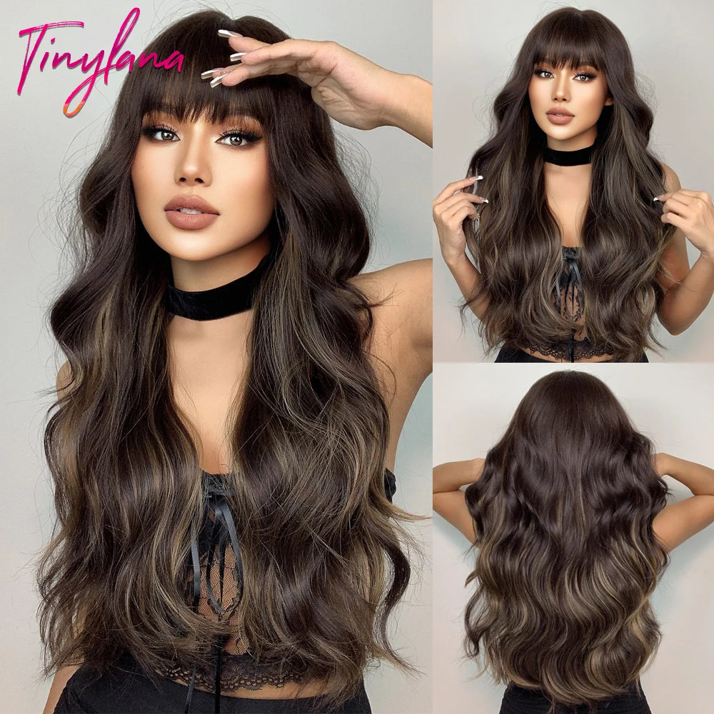 Synthetic Heat Resistant Curly Ombre Long Wavy Wigs with Bangs