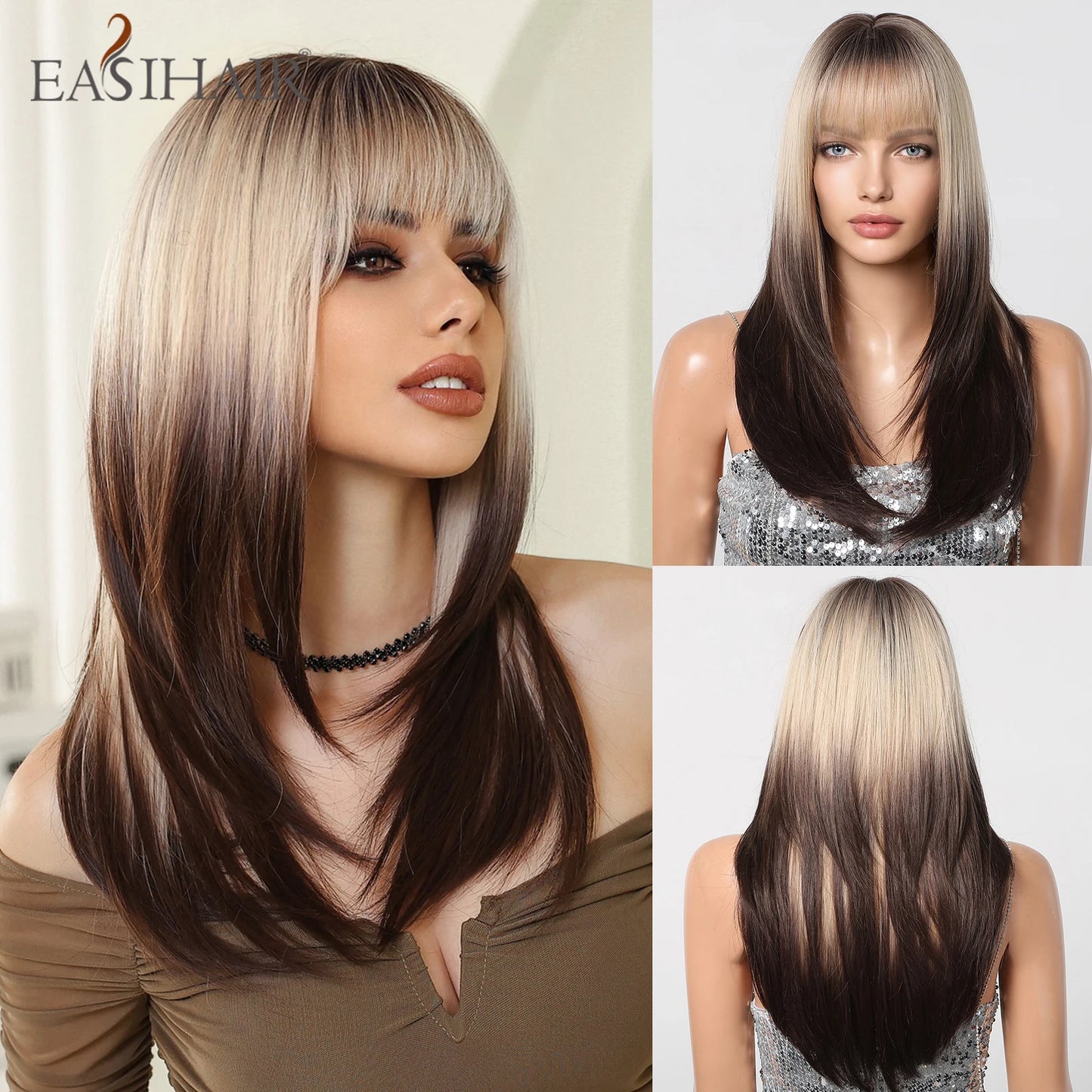 Synthetic Heat Resistant Ombre Long Straight Layered with Bangs Wigs