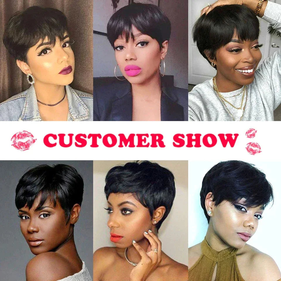 Glueless Pixie Cut Short Layered Wigs with Bangs Brazilian Human Hair