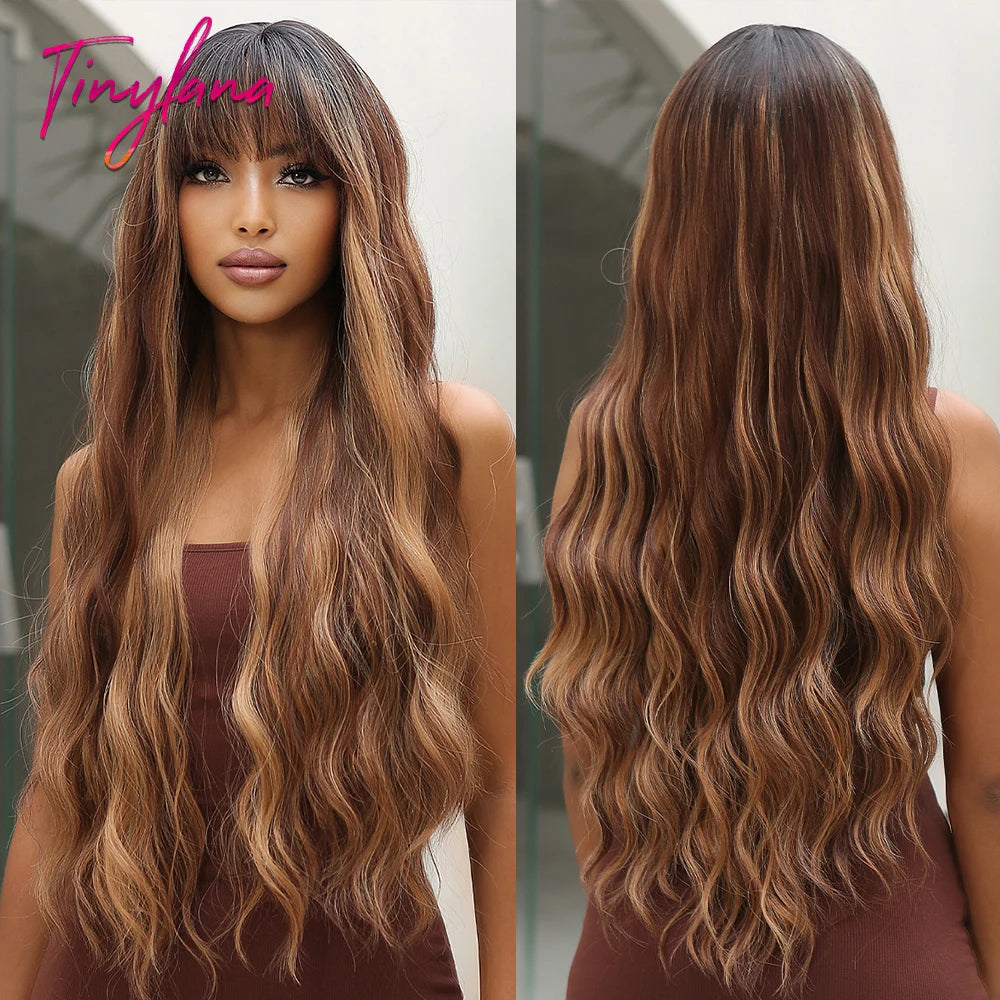 Synthetic Heat Resistant Curly Ombre Long Wavy Wigs with Bangs