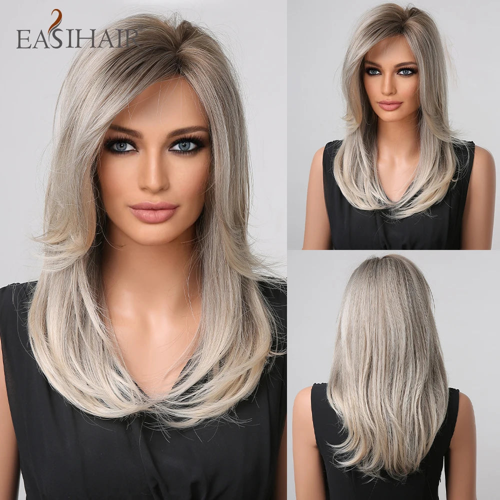 Synthetic Heat Resistant Ombre Long Straight Layered with Bangs Wigs
