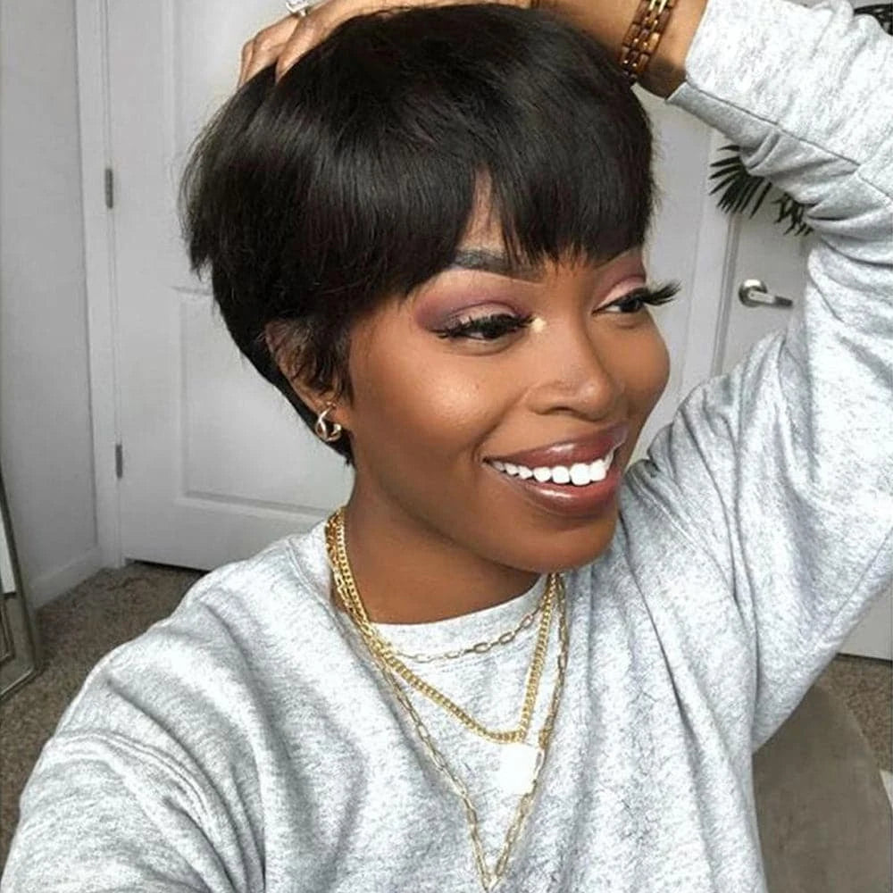 Glueless Pixie Cut Short Layered Wigs with Bangs Brazilian Human Hair