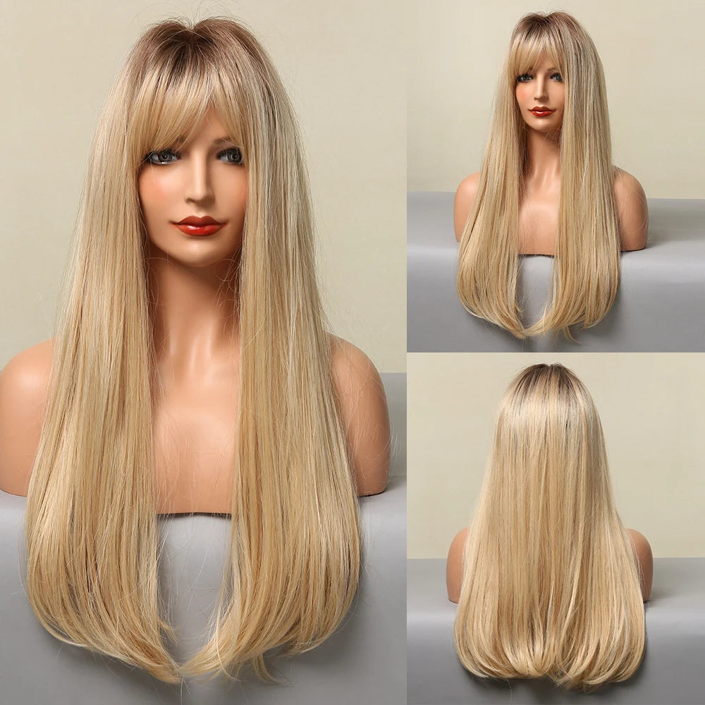 Synthetic Heat Resistant Ombré Layered Straight with Bangs Wigs