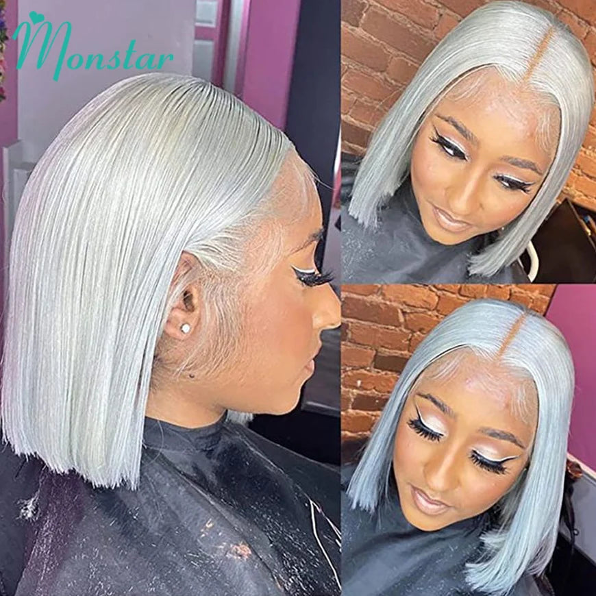 Lace Front Grey Short Bob Brazilian Human Remy Hair Transparent Wig