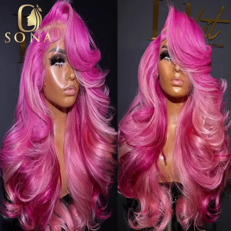 Lace Front Rose Pink Highlight Loose Body Wave Human Hair Wig