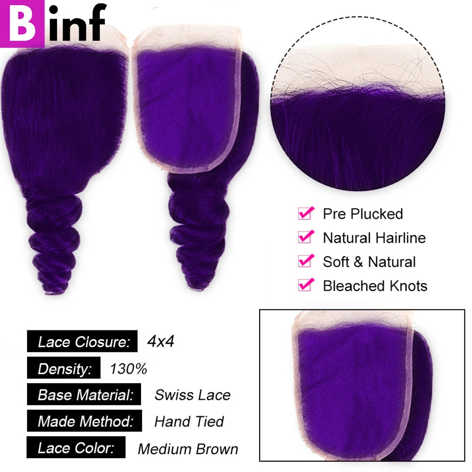 Lace Frontal Preplucked Purple Loose Wave Remy Bundles with Closure