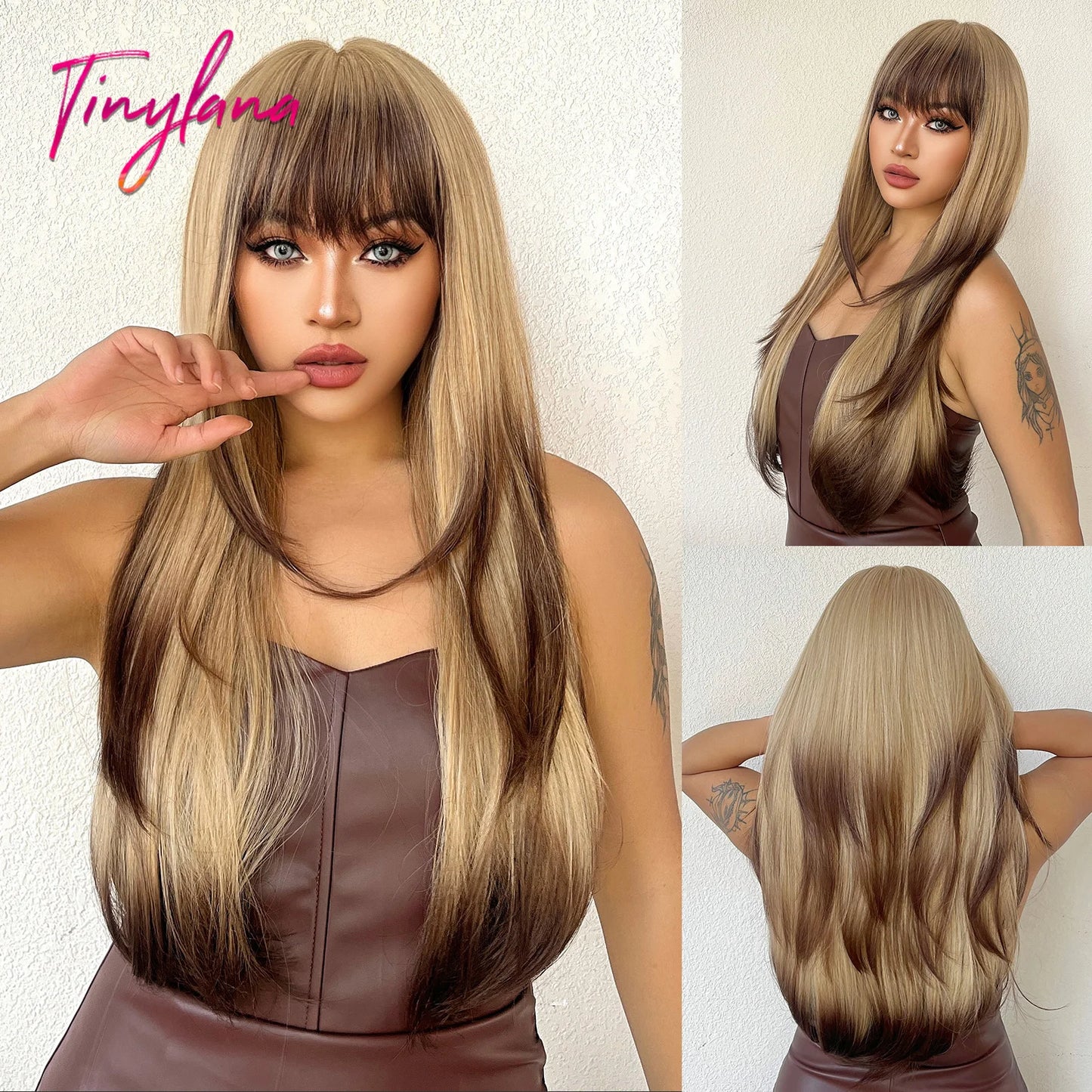 Synthetic Heat Resistant Long Straight with Bangs Ombre Layered Wig