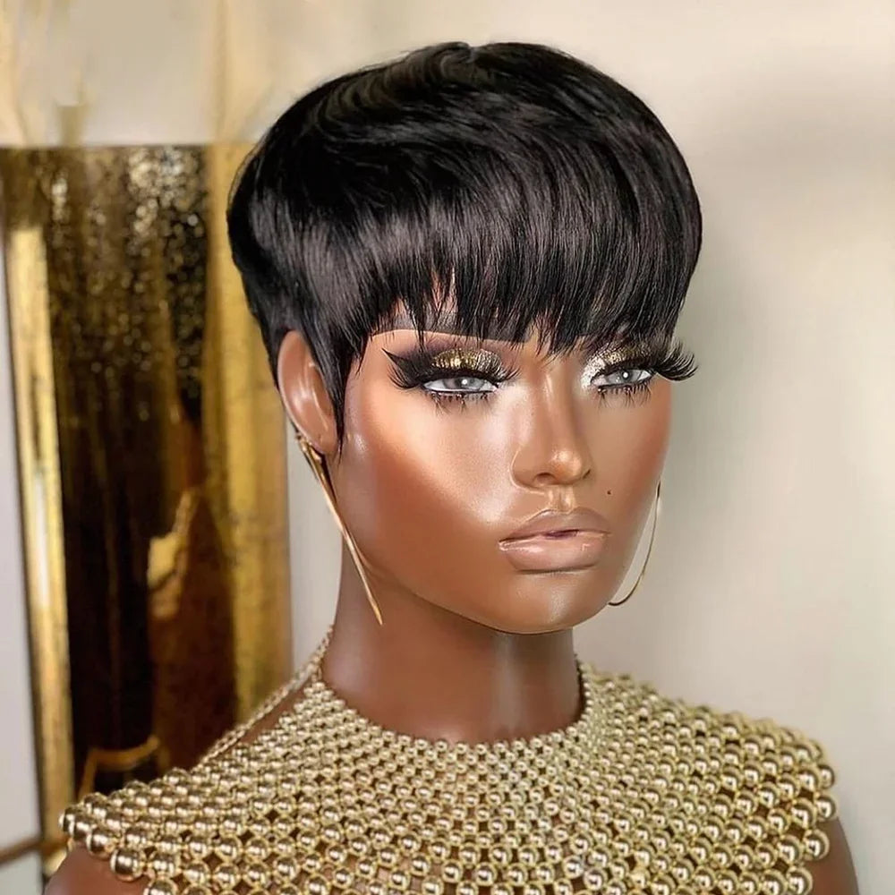 Pixie Cut Short Bob Brazilian Virgin Human Hair With Bangs Wig