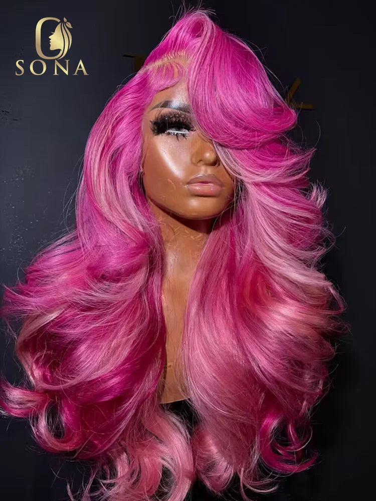 Lace Front Rose Pink Highlight Loose Body Wave Human Hair Wig
