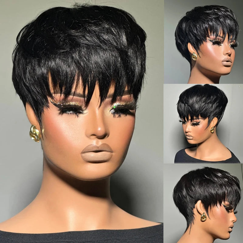 Glueless Pixie Cut Short Layered Wigs with Bangs Brazilian Human Hair