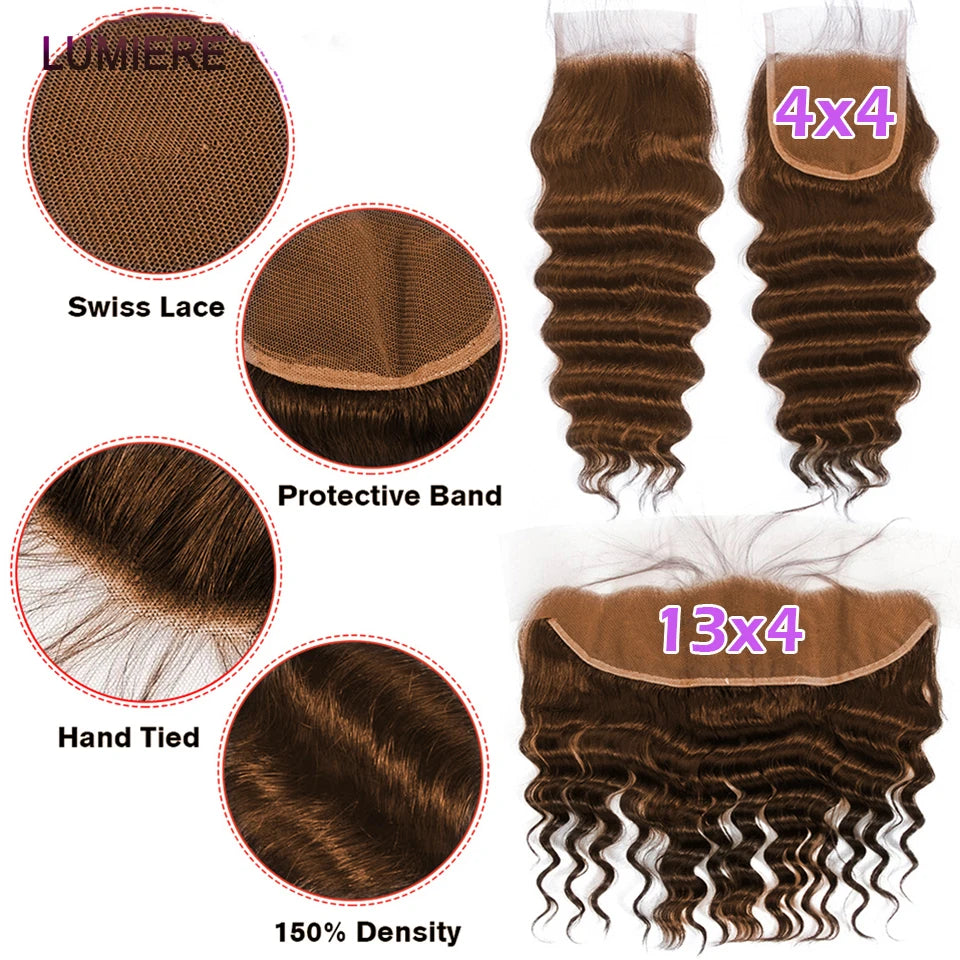 Loose Deep Wave Chocolate Brown Brazilian Human Hair Frontal Bundles With Closure
