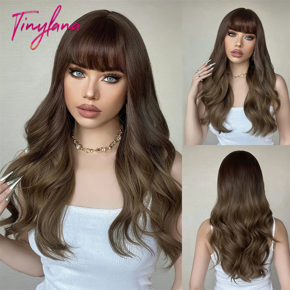 Synthetic Heat Resistant Curly Ombre Long Wavy Wigs with Bangs