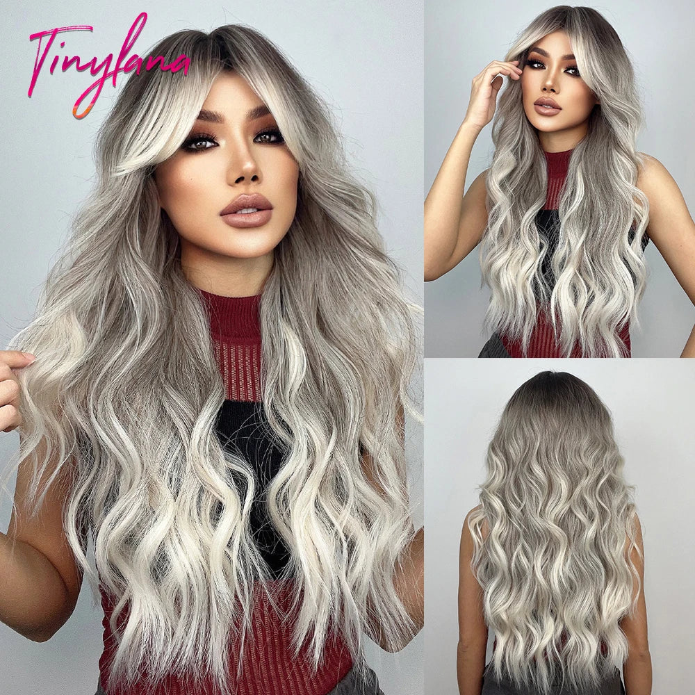 Synthetic Heat Resistant Curly Ombre Long Wavy Wigs with Bangs