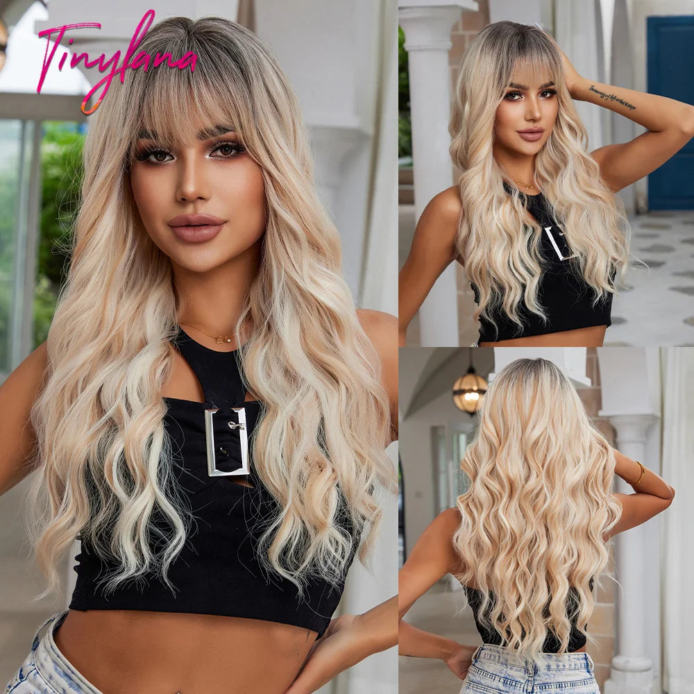 Synthetic Heat Resistant Curly Ombre Long Wavy Wigs with Bangs