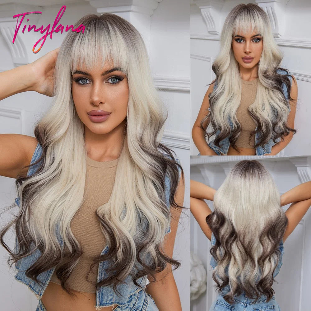 Synthetic Heat Resistant Curly Ombre Long Wavy Wigs with Bangs