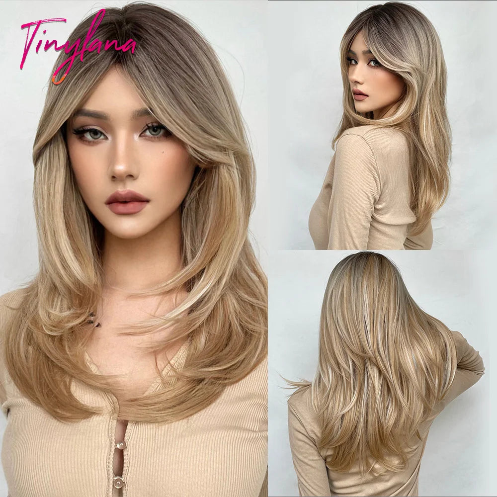Synthetic Heat Resistant Long Straight with Bangs Ombre Layered Wig