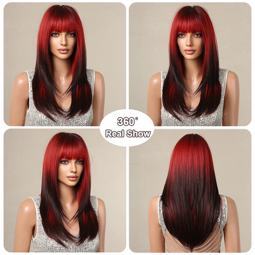 Synthetic Heat Resistant Ombre Long Straight Layered with Bangs Wigs