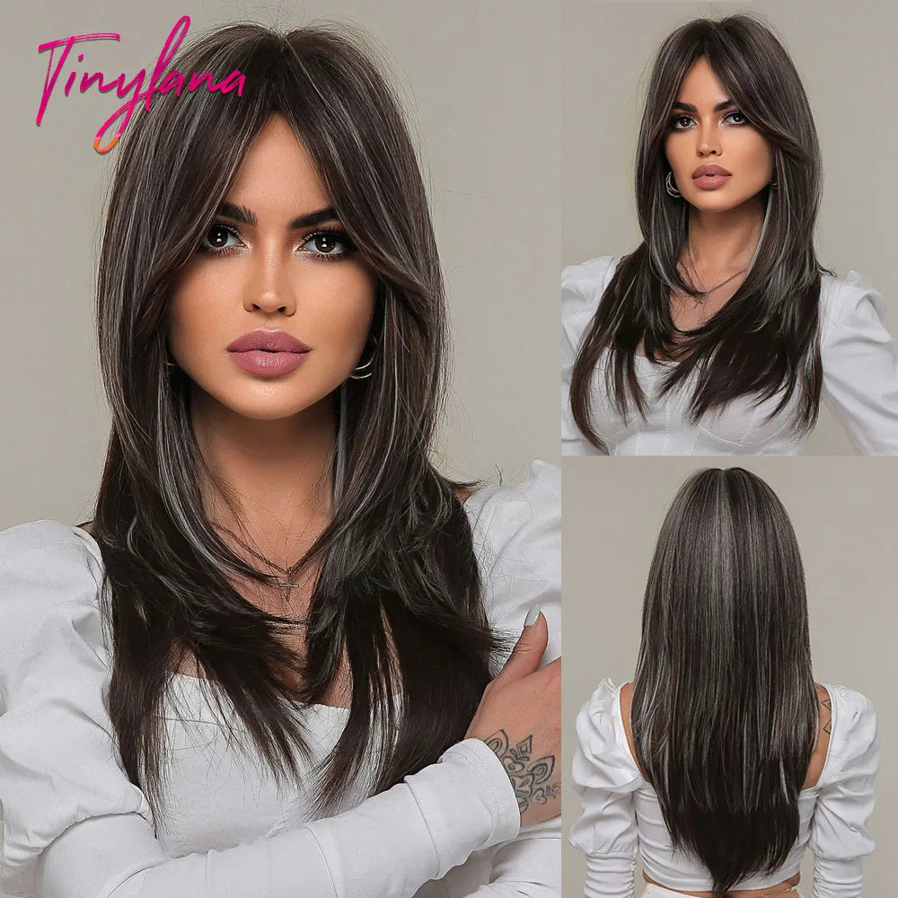 Synthetic Heat Resistant Long Straight with Bangs Ombre Layered Wig