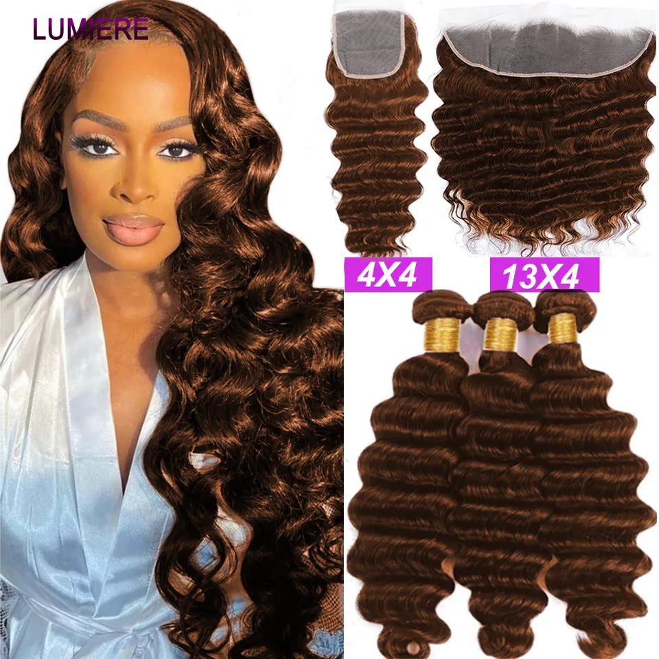 Loose Deep Wave Chocolate Brown Brazilian Human Hair Frontal Bundles With Closure