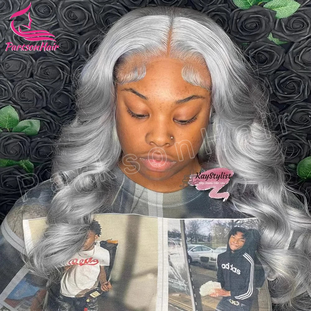 Glueless Lace Front Body Wave Silver Grey Human Hair Wigs