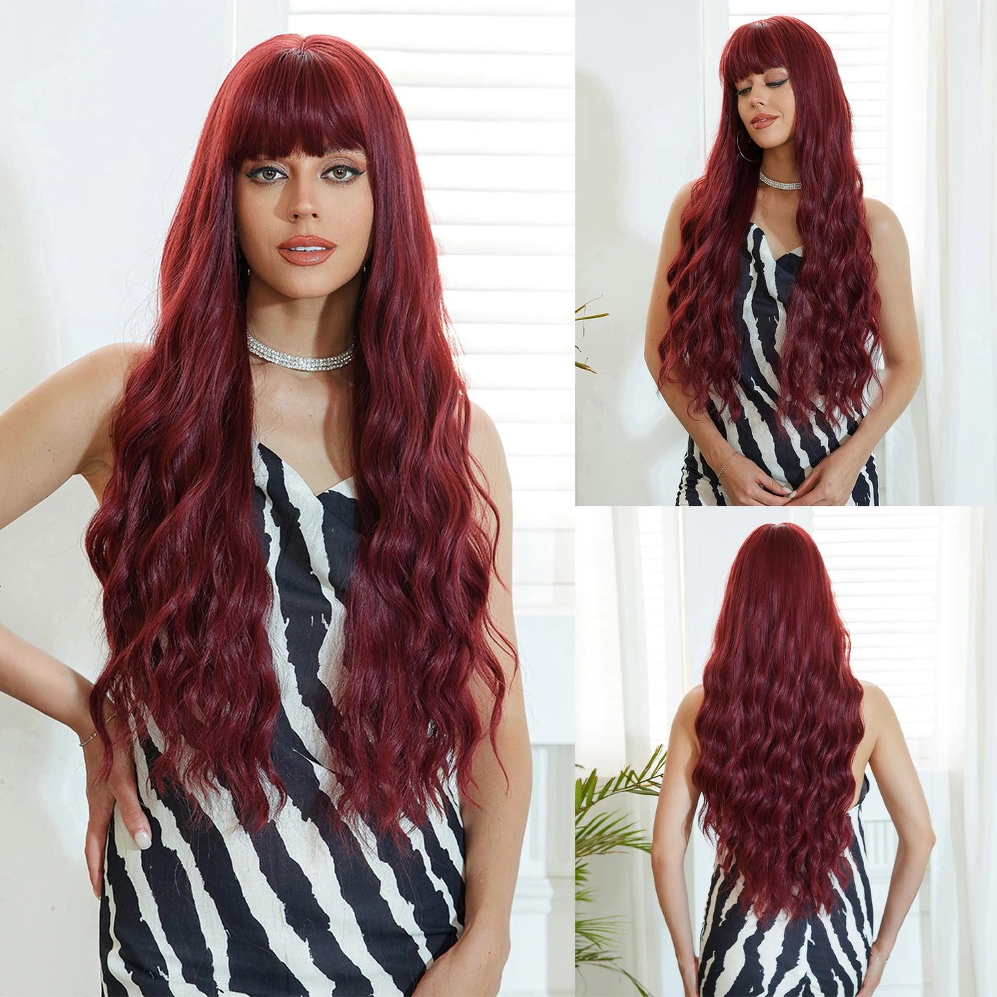 Synthetic heat-resistant curly ombre long wavy wig with bangs by JNETTE CHANEL, showing the lace wig with layered curls and vibrant color.
