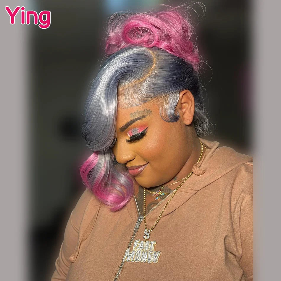 Lace Front PrePlucked Silver Gray Root Pink Body Wave Human Remy Hair Wig