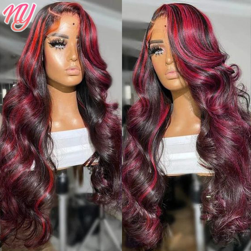 Lace Front Highlight Human Hair Black/Burgundy Body Wave Wigs