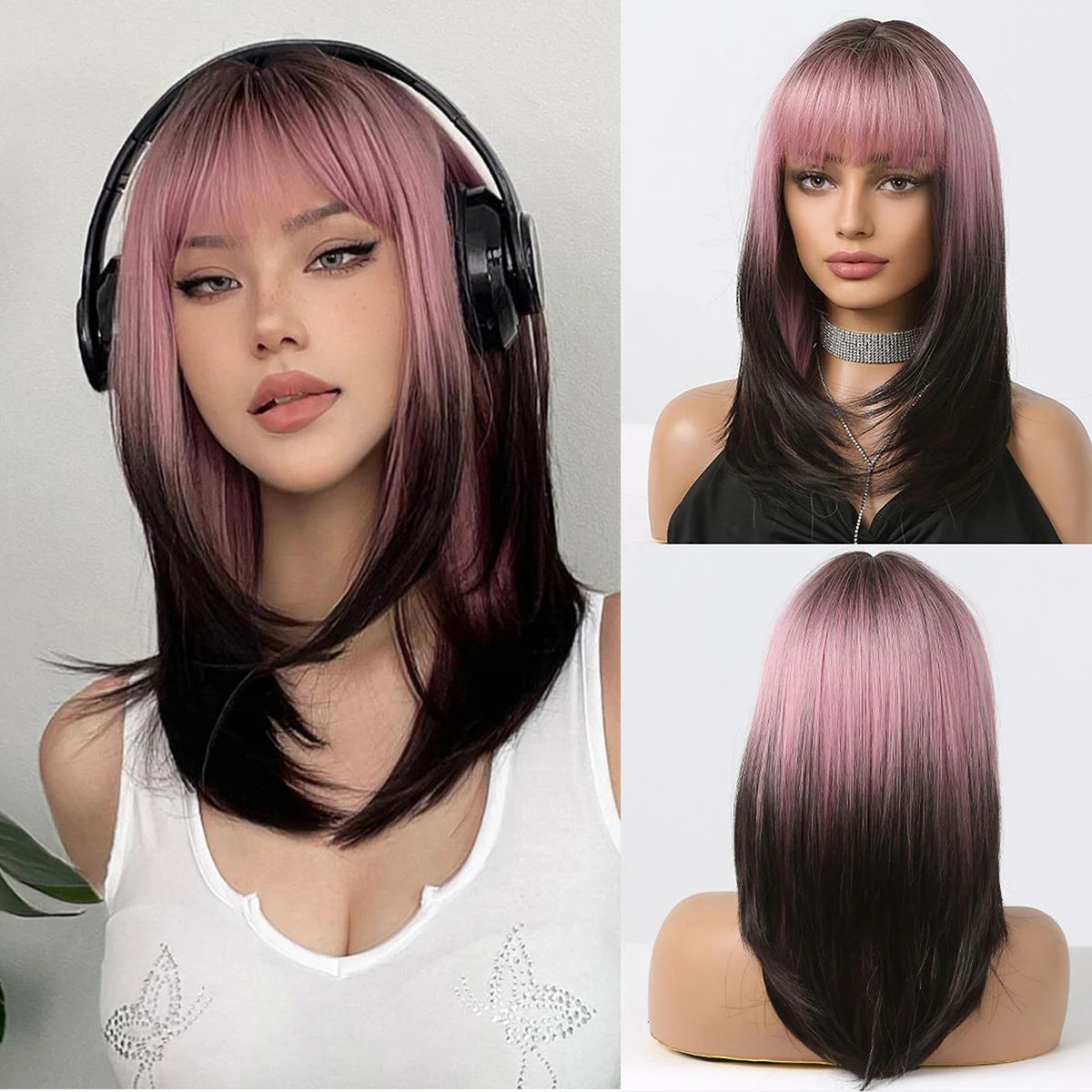 Synthetic Heat Resistant Ombre Long Straight Layered with Bangs Wigs