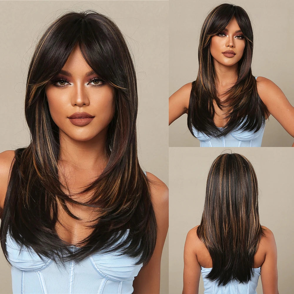Synthetic Heat Resistant Ombre Long Straight Layered with Bangs Wigs