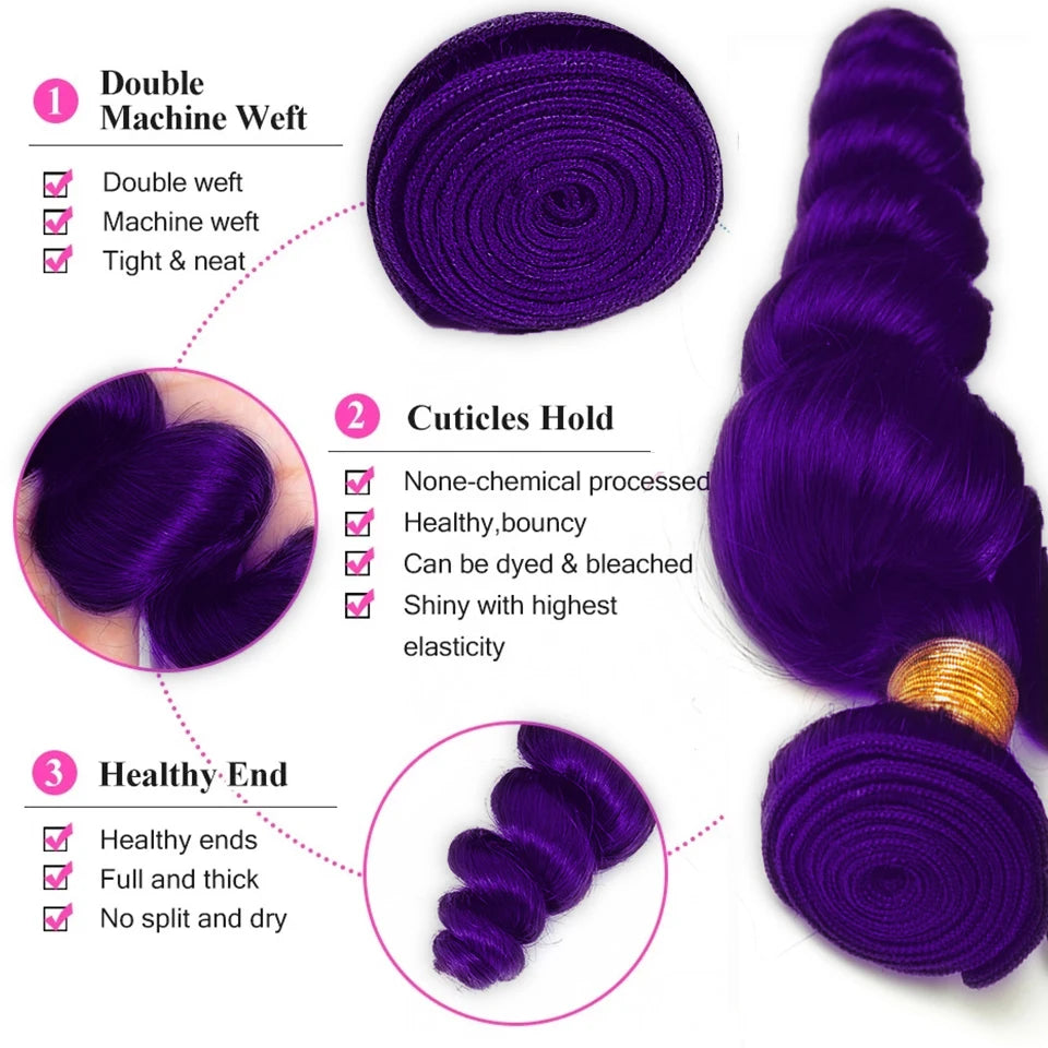 Lace Frontal Preplucked Purple Loose Wave Remy Bundles with Closure