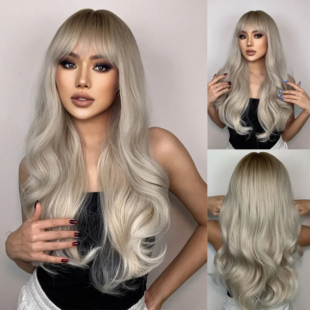 Synthetic Heat Resistant Curly Ombre Long Wavy Wigs with Bangs