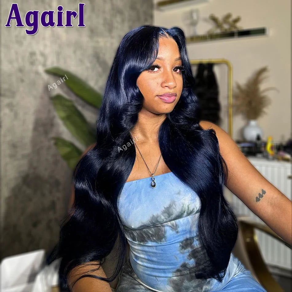 Midnight blue human hair lace front wig with body wave texture, pre-plucked, from JNETTE CHANEL, showcasing natural hair movement.