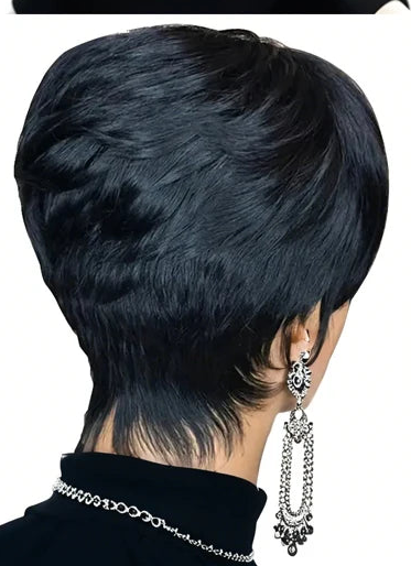 JNETTE CHANEL pixie cut human hair wig with bangs, lace wig style, showcasing short, layered blonde hair with bangs.