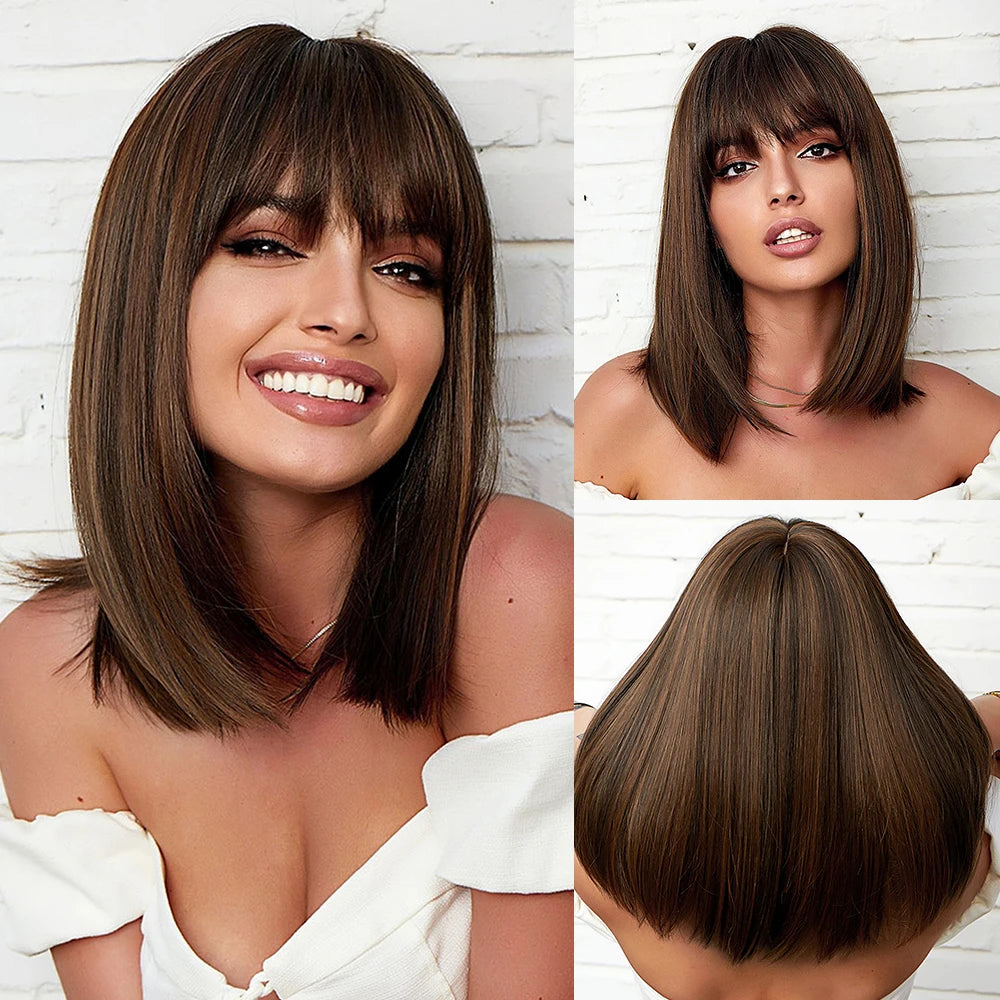 Synthetic Heat Resistant Ombre Long Straight Layered with Bangs Wigs