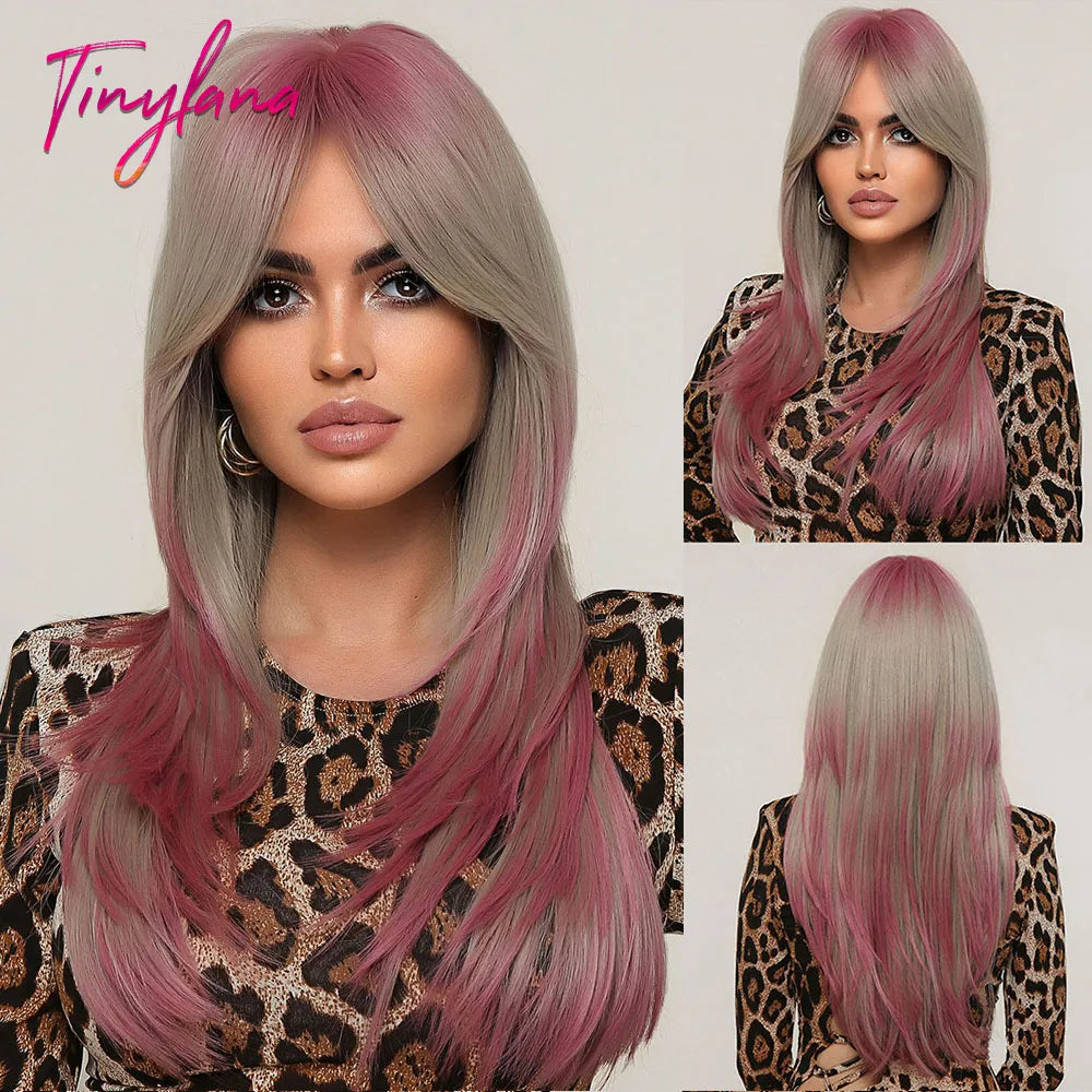 Synthetic Heat Resistant Long Straight with Bangs Ombre Layered Wig