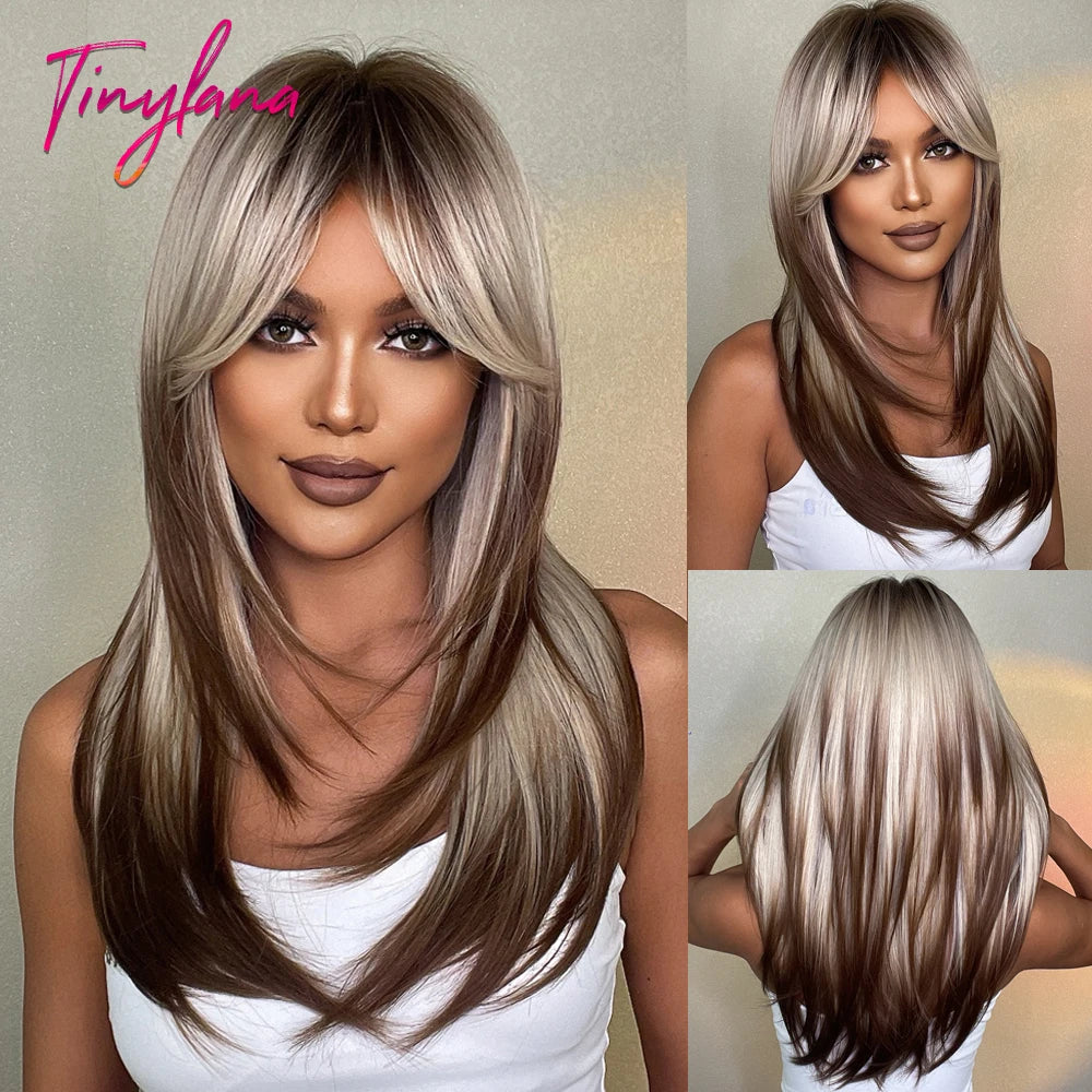 Synthetic Heat Resistant Long Straight with Bangs Ombre Layered Wig