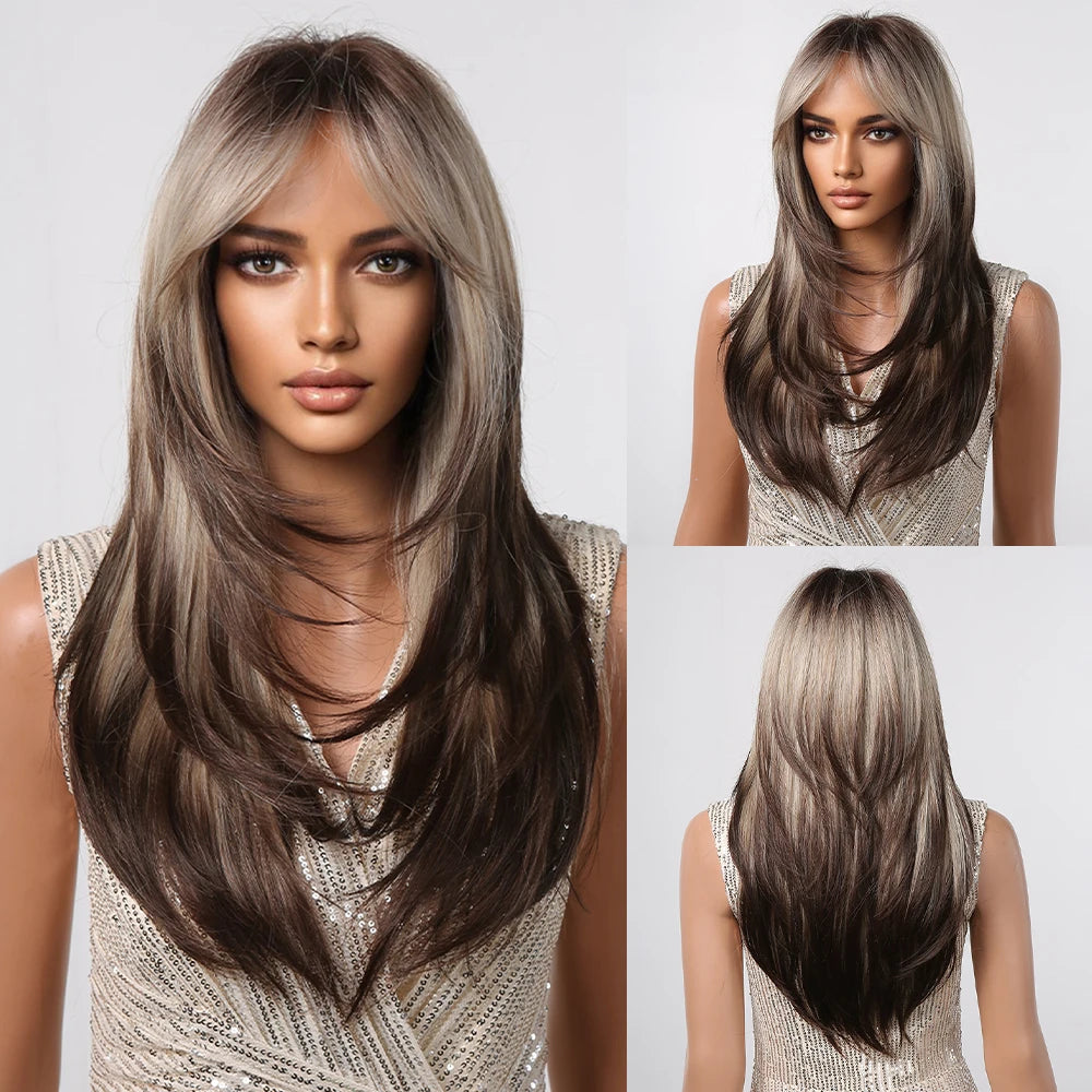 Synthetic Heat Resistant Ombré Layered Straight with Bangs Wigs