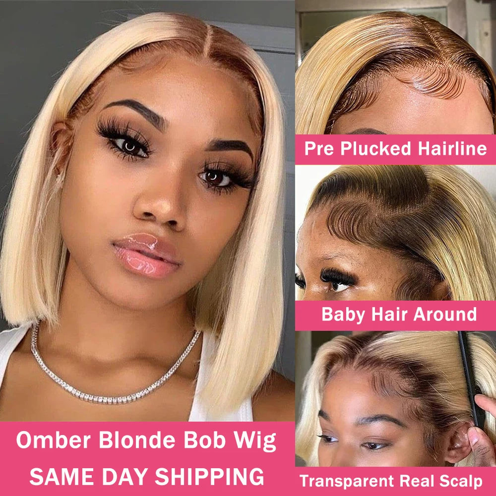 Lace Front Transparent Preplucked Brazilian Human Hair Blonde Ombre Bob Wig