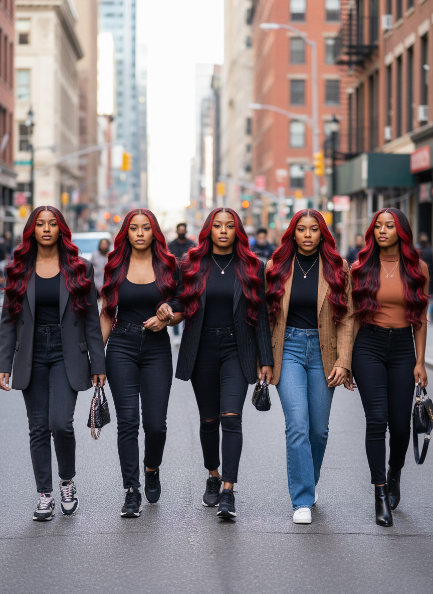 JNETTE CHANEL black red ombré body wave lace front human hair wig with natural hair texture and seamless lace closure.