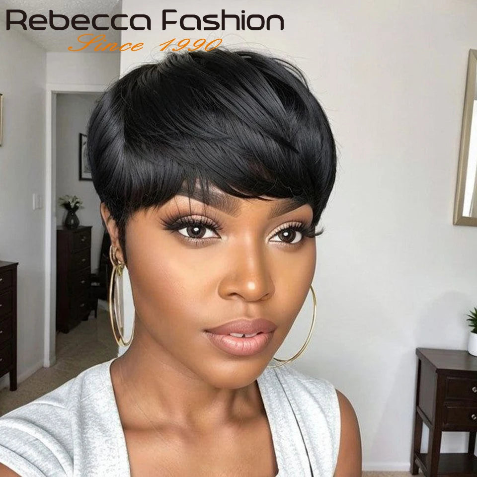 Pixie Cut Straight Brazilian Human Hair With Bangs Wigs