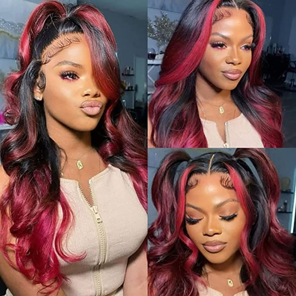 Lace Front Highlight Human Hair Black/Burgundy Body Wave Wigs
